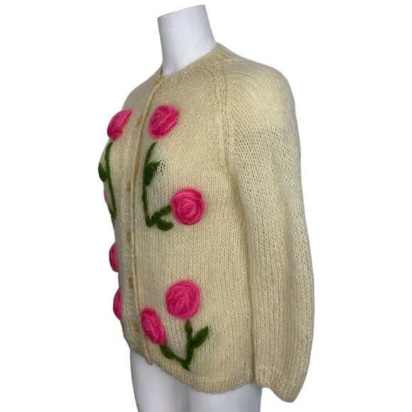 Vintage Wool Mohair Cardigan Sweater S Cream Floral Italy - Picture 3 of 14